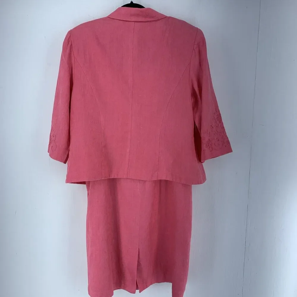 Vtg Womens 14W Suit Set Dress Jacket Linen Blend Embroidered Trad Wife Feminine - Picture 4 of 8